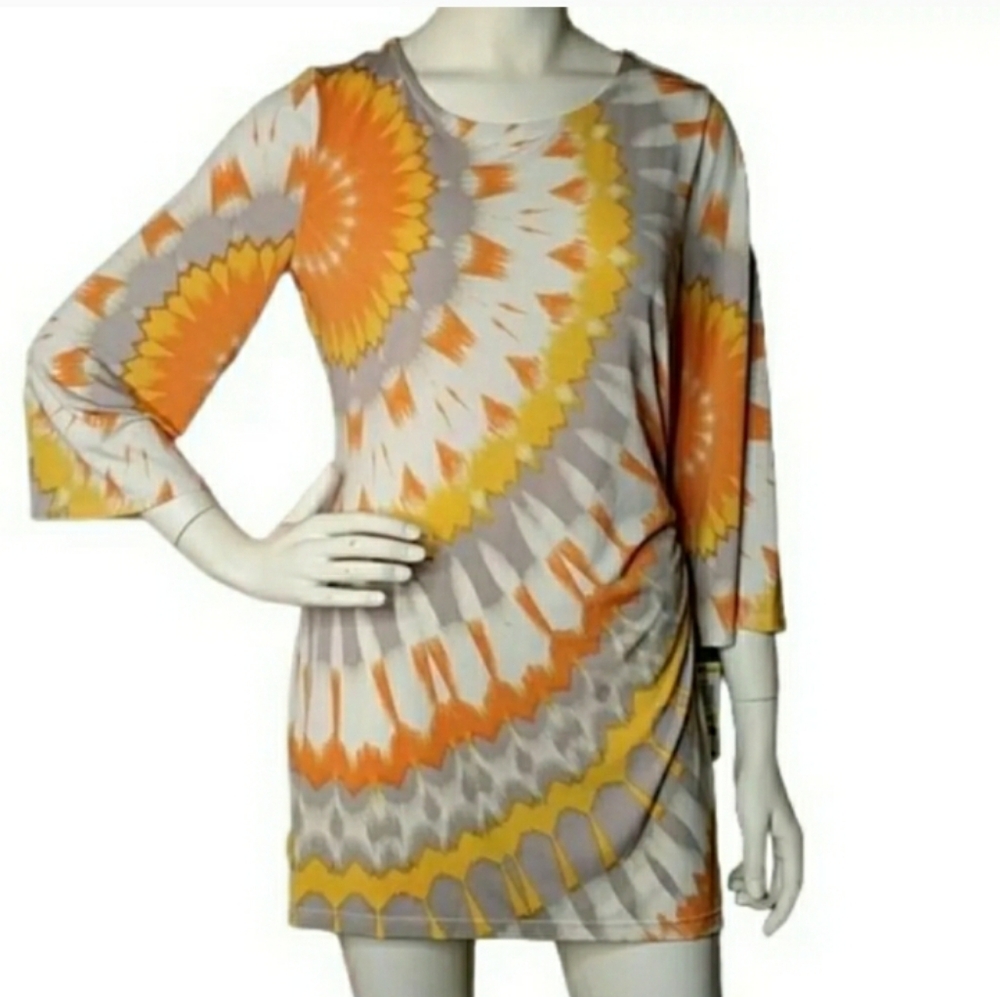 🛍Alfani Mod Retro abstract  long sleeve Burst Of Sunshine ruched mini dress L